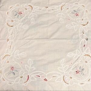 Vintage Cutwork and Embroidered Off White Square Tablecloth Circa 1980s Floral